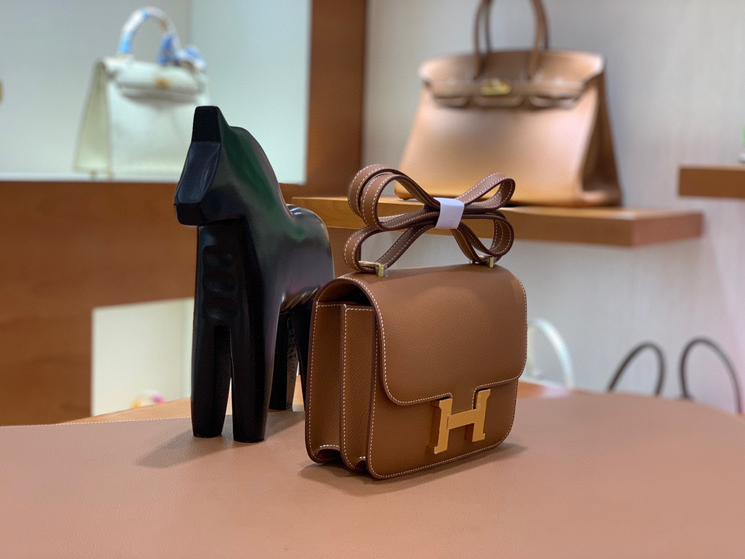 Hermes Constance 19CM 空姐包 Epsom 金棕色 金扣 全手工定制
