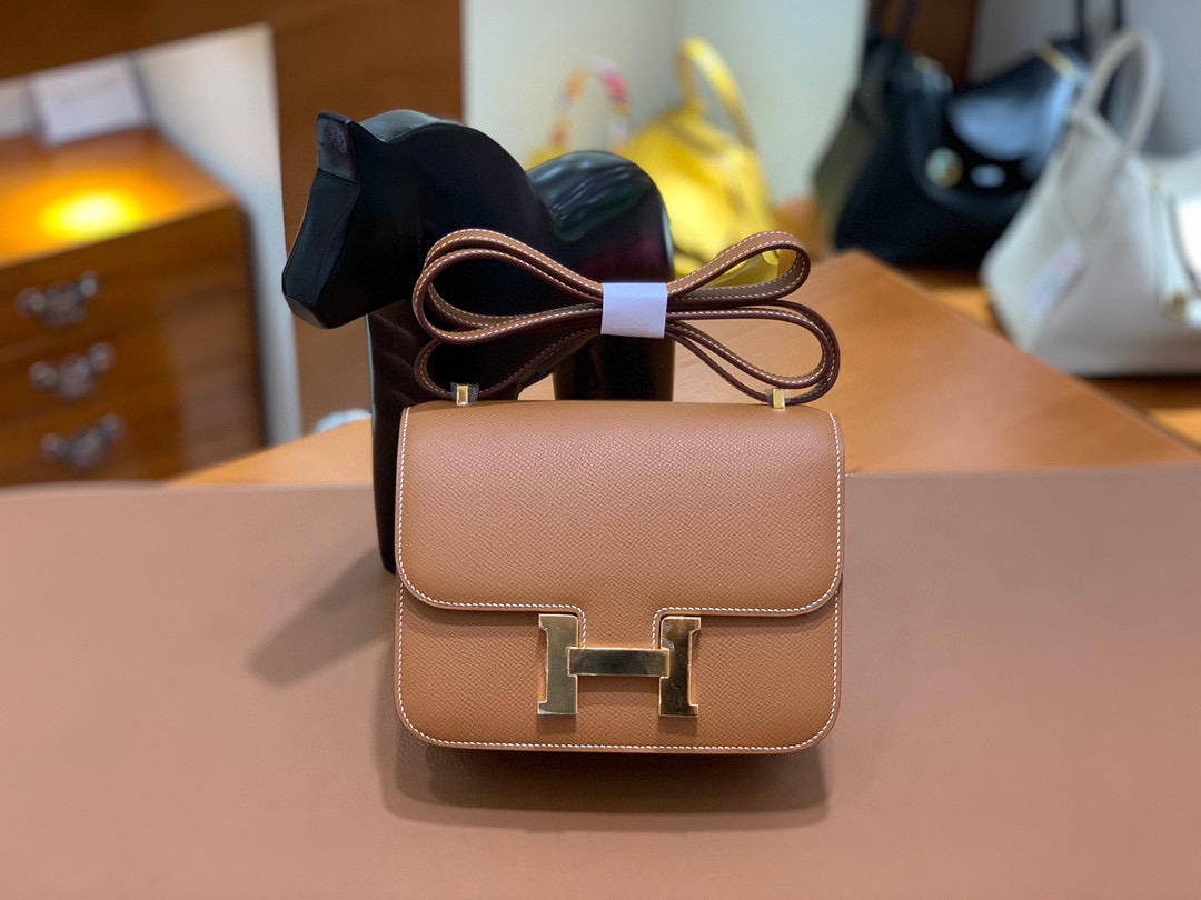Hermes Constance 19CM 空姐包 Epsom 金棕色 金扣 全手工定制