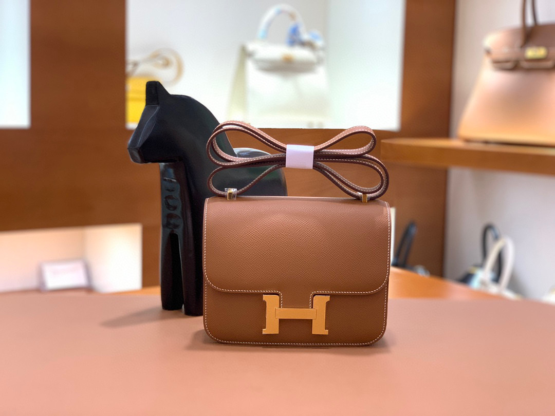 Hermes Constance 19CM 空姐包 Epsom 金棕色 金扣 全手工定制