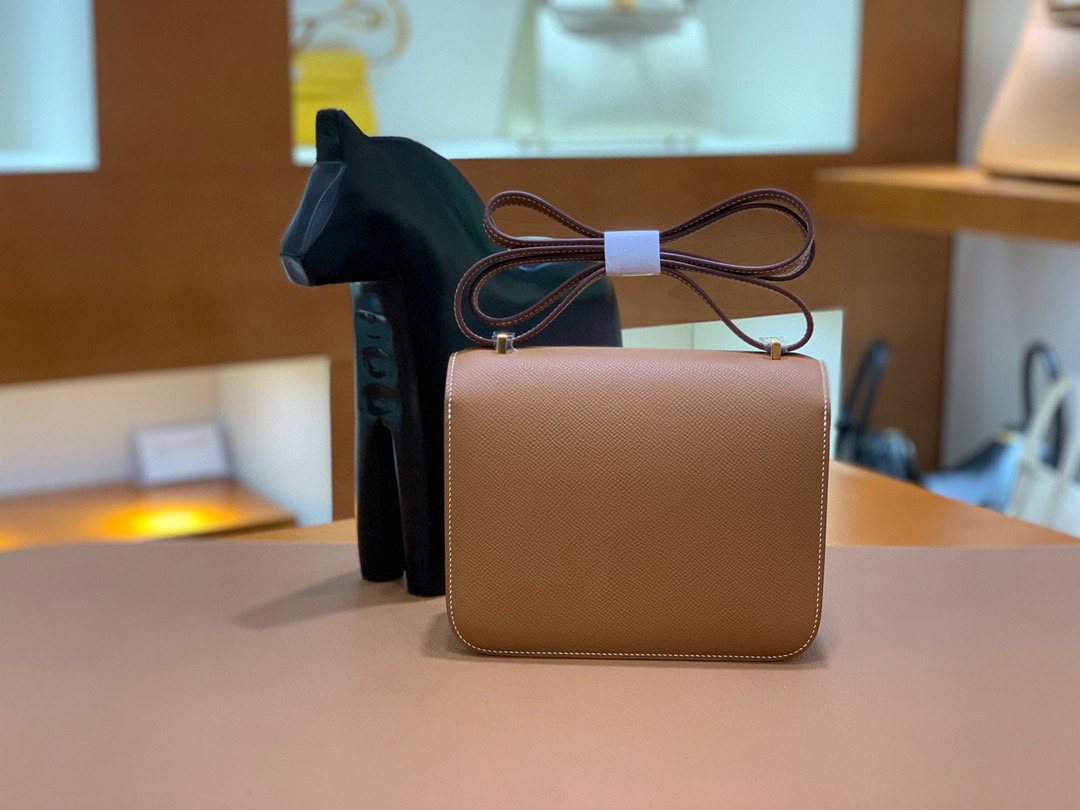 Hermes Constance 19CM 空姐包 Epsom 金棕色 金扣 全手工定制