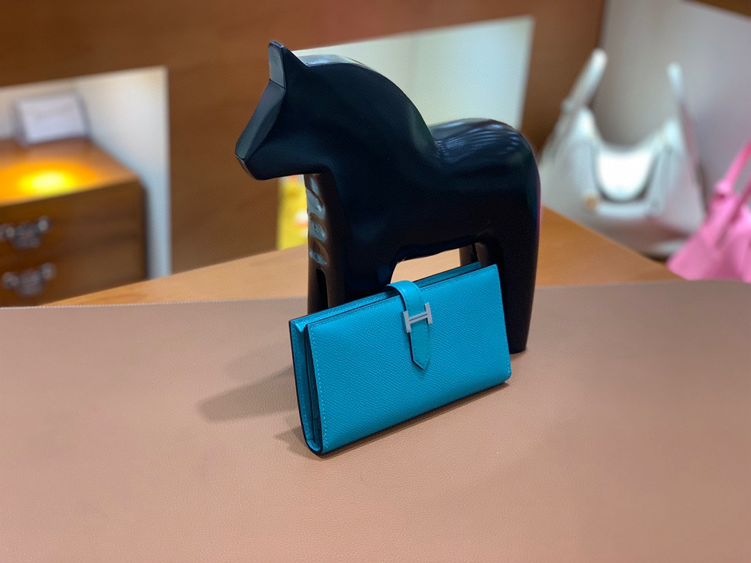 爱马仕 Hermes Bearn 西装夹 钱包 Epsom皮  孔雀蓝 银扣