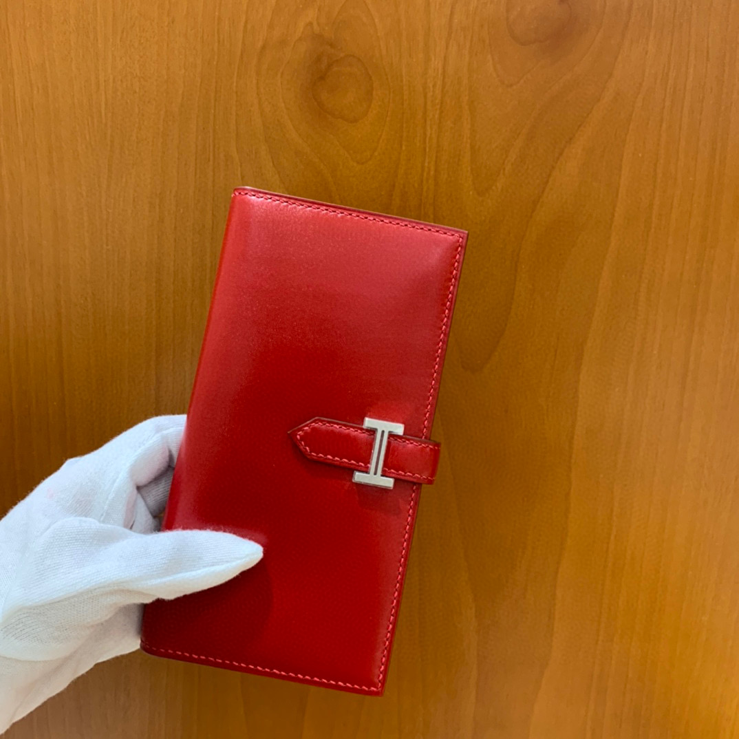 爱马仕 Hermes Bearn 西装夹 钱包 BOX皮  国旗红 银扣