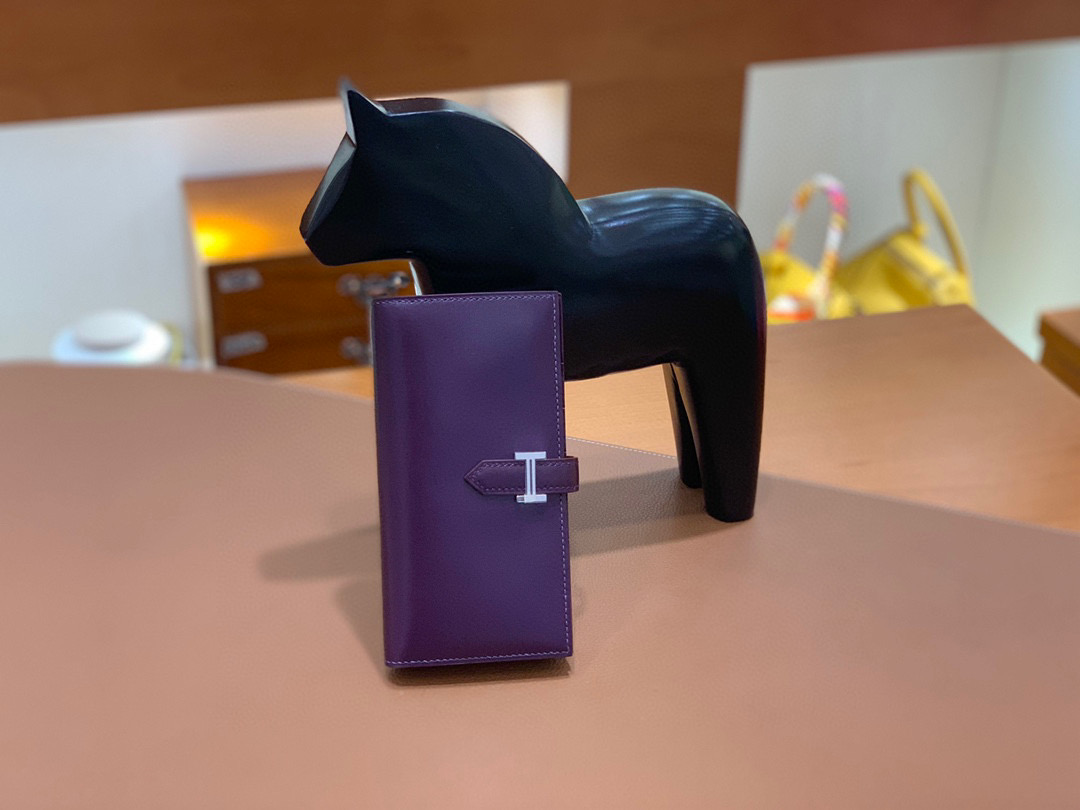 爱马仕 Hermes Bearn 西装夹 钱包 BOX皮  加多仑紫  银扣