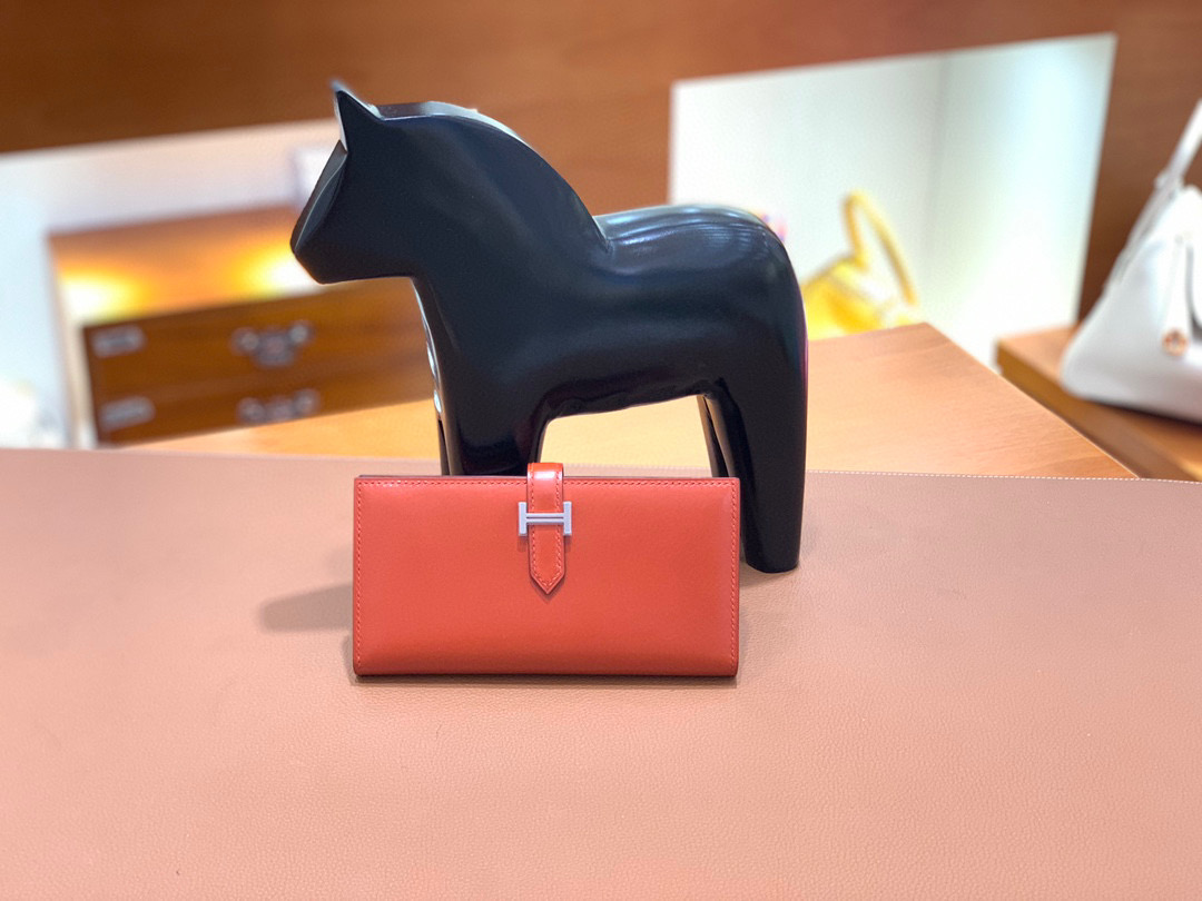 爱马仕 Hermes Bearn 西装夹 钱包 BOX皮  古铜色 银扣