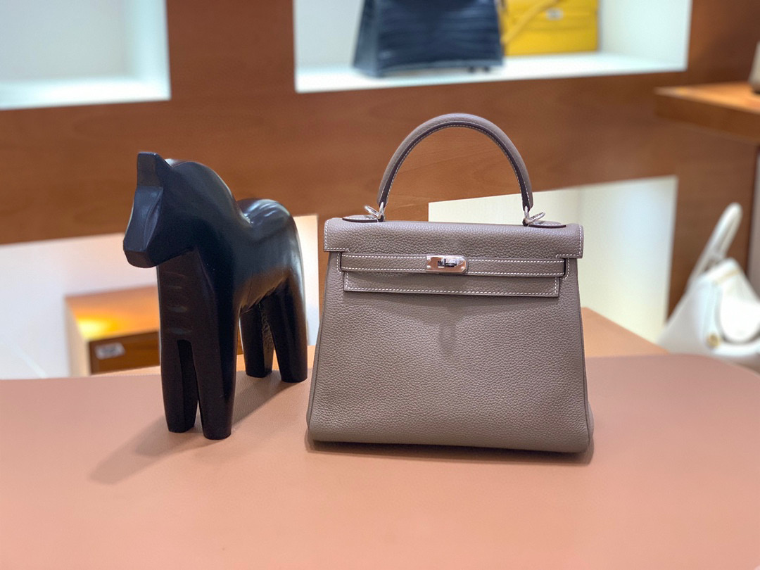 Hermes 爱马仕 Kelly 凯莉包 25CM Togo皮  大象灰 银扣 全手工