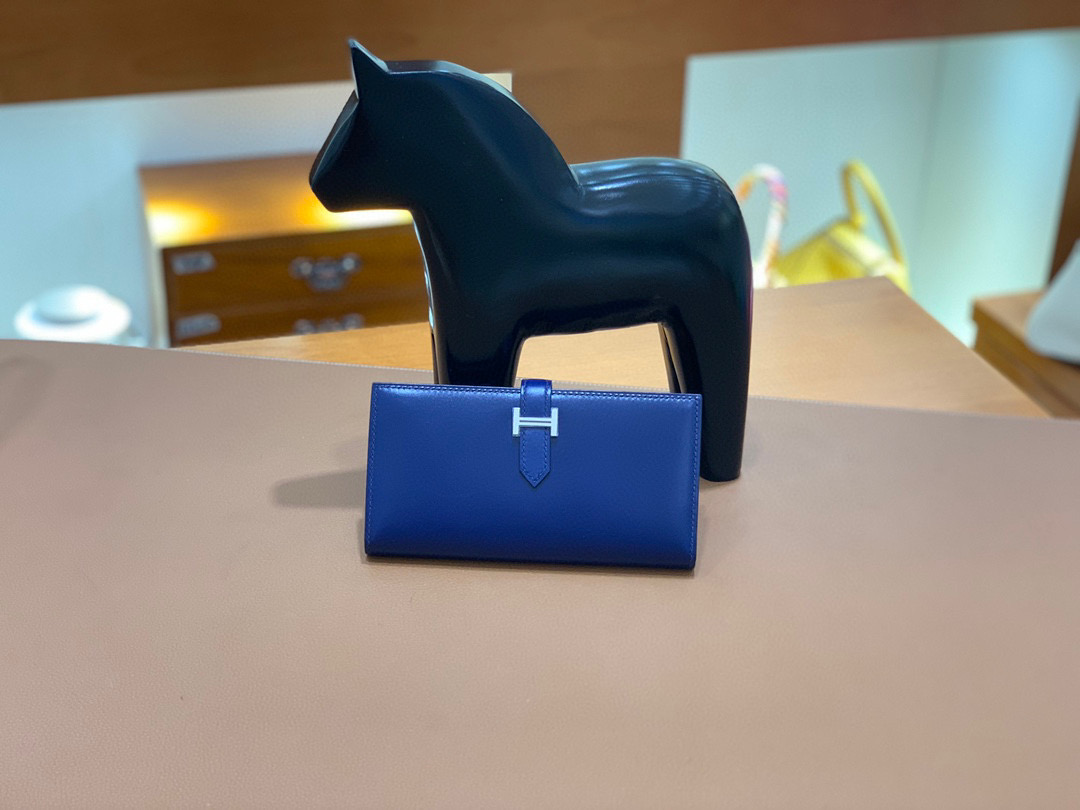 爱马仕 Hermes Bearn 西装夹 钱包 BOX皮  宝石蓝 银扣