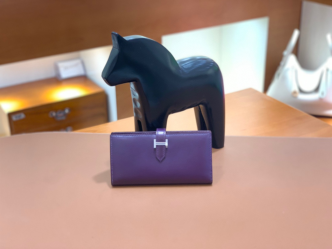 爱马仕 Hermes Bearn 西装夹 钱包 BOX皮  加多仑紫  银扣