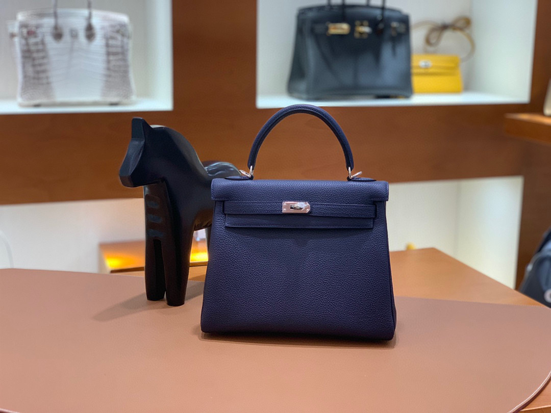 Hermes 爱马仕 Kelly 凯莉包 25CM Togo皮 午夜蓝 银扣 全手工