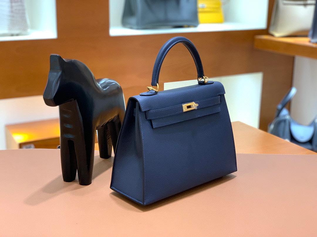 Hermes 爱马仕 Kelly 凯莉包 25CM Epsom皮  午夜蓝 金扣 全手工