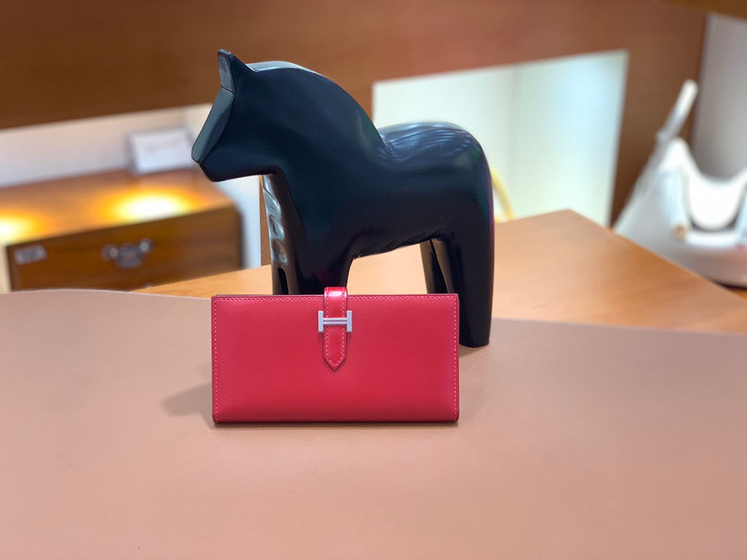 爱马仕 Hermes Bearn 西装夹 钱包 BOX皮  国旗红 银扣