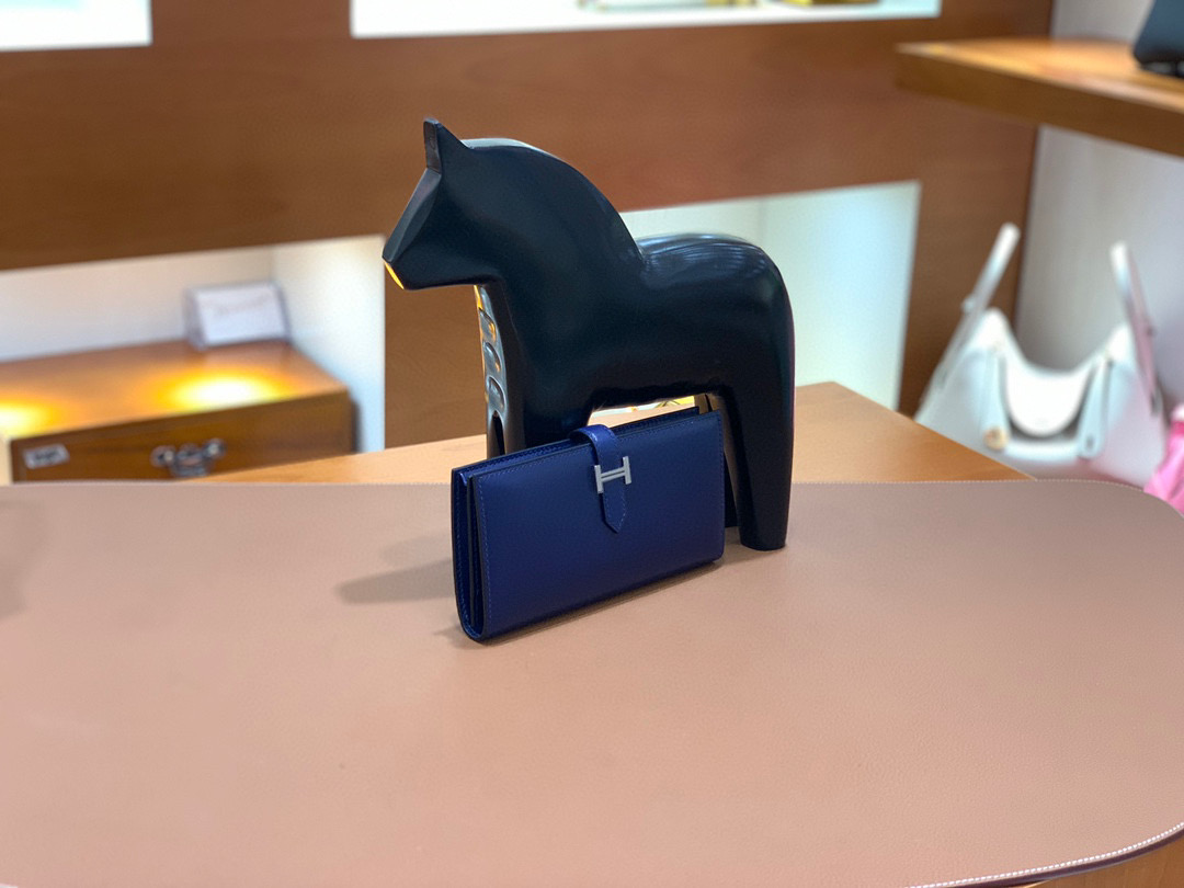 爱马仕 Hermes Bearn 西装夹 钱包 BOX皮  宝石蓝 银扣