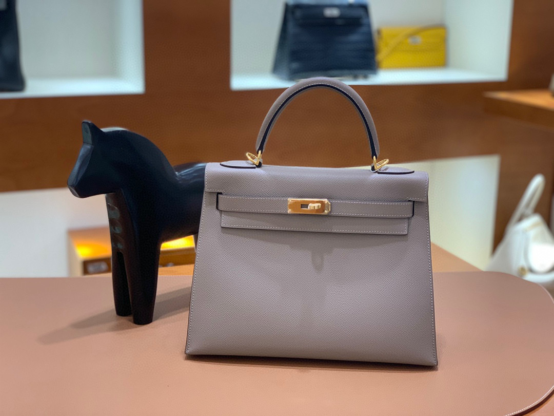 Hermes 爱马仕 Kelly 凯莉包 28CM Epsom皮  沥青灰 金扣 全手工