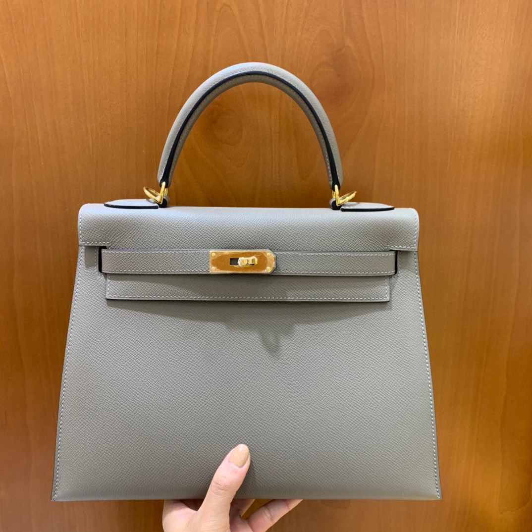 Hermes 爱马仕 Kelly 凯莉包 28CM Epsom皮  沥青灰 金扣 全手工
