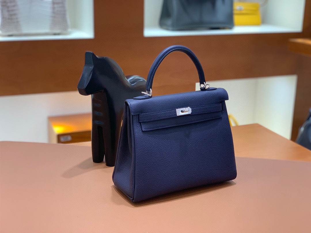 Hermes 爱马仕 Kelly 凯莉包 25CM Togo皮 午夜蓝 银扣 全手工