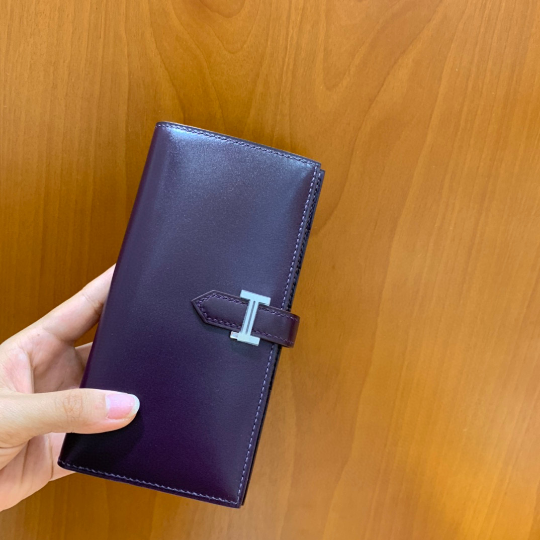 爱马仕 Hermes Bearn 西装夹 钱包 BOX皮  加多仑紫  银扣