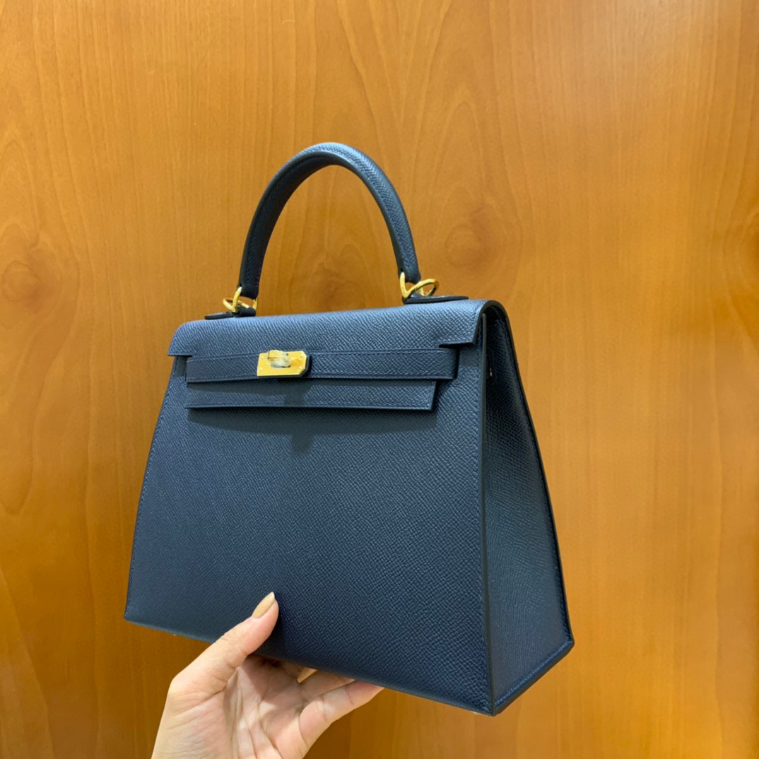 Hermes 爱马仕 Kelly 凯莉包 25CM Epsom皮  午夜蓝 金扣 全手工