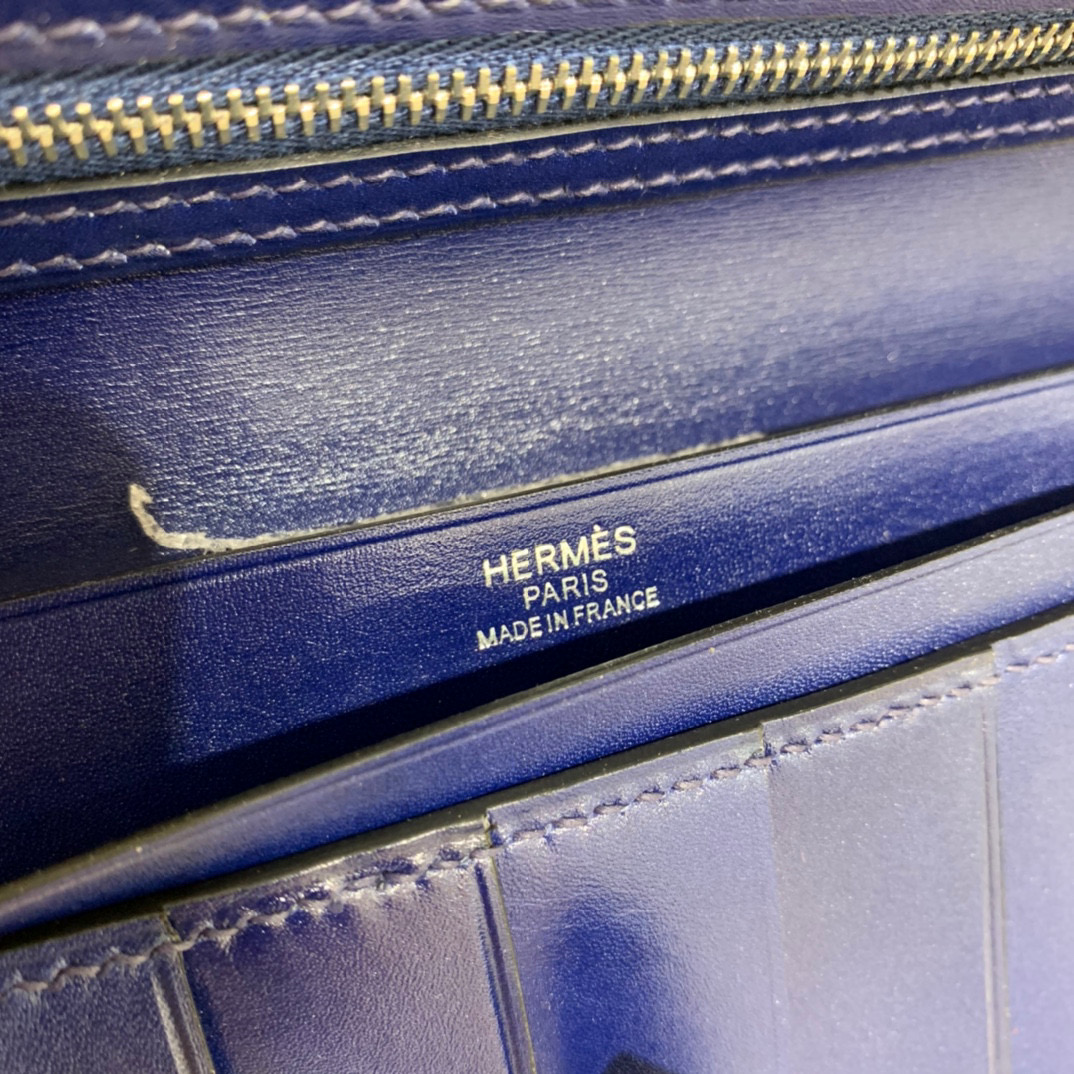爱马仕 Hermes Bearn 西装夹 钱包 BOX皮  宝石蓝 银扣