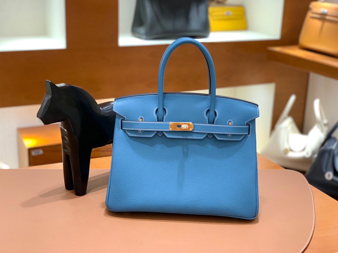 爱马仕 Hermes 铂金包 Birkin 30CM 全手工 牛仔蓝 金扣