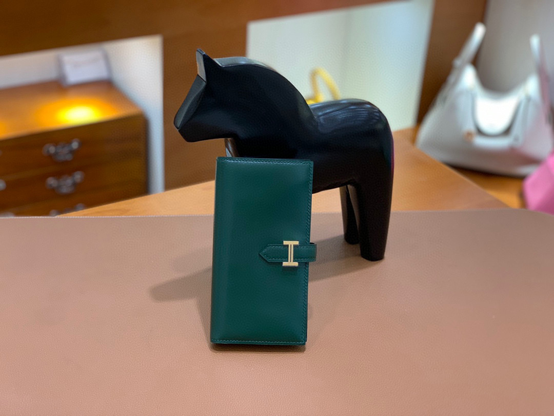 爱马仕 Hermes Bearn 西装夹 钱包 Box皮  英国绿 金扣