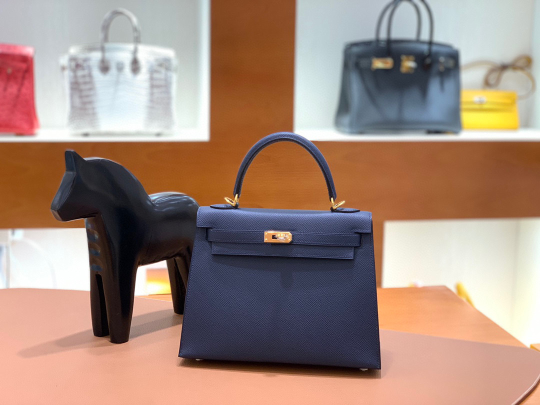 Hermes 爱马仕 Kelly 凯莉包 25CM Epsom皮  午夜蓝 金扣 全手工