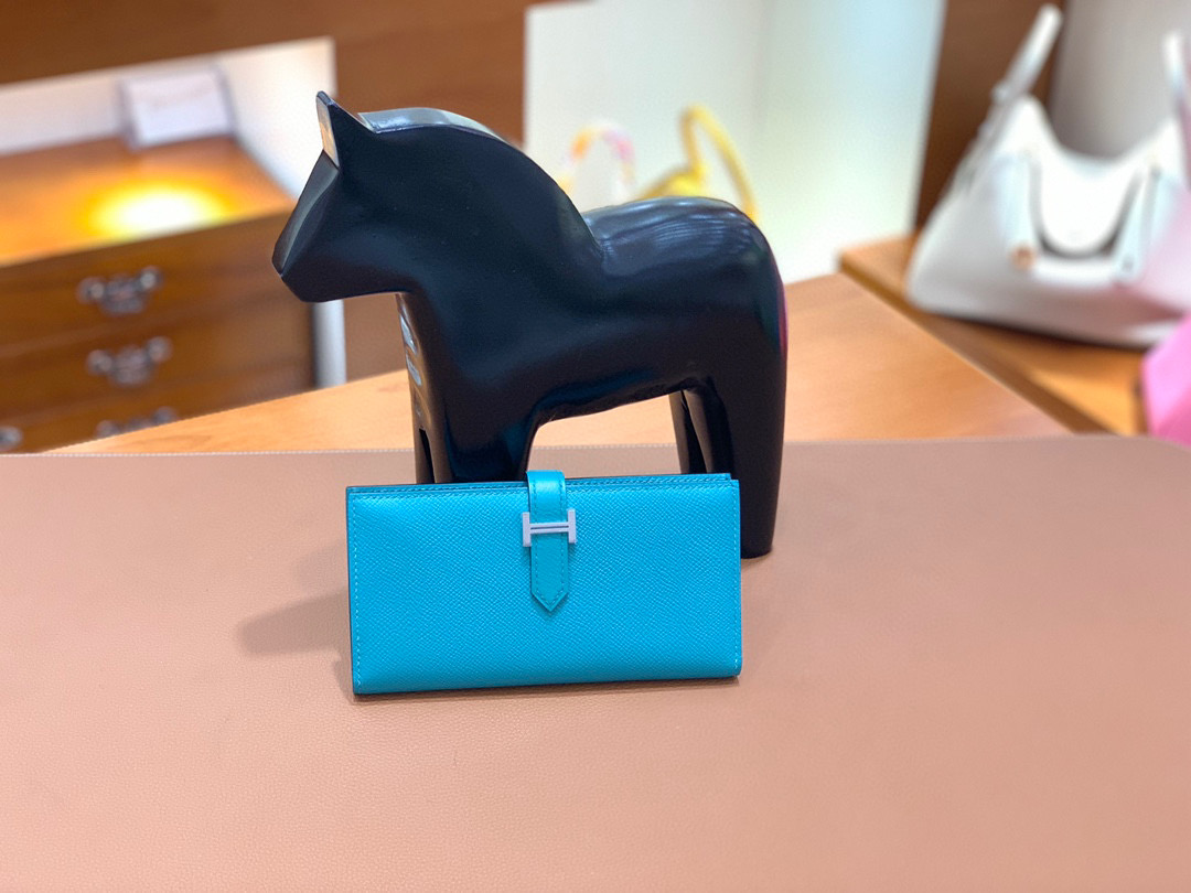 爱马仕 Hermes Bearn 西装夹 钱包 Epsom皮  孔雀蓝 银扣