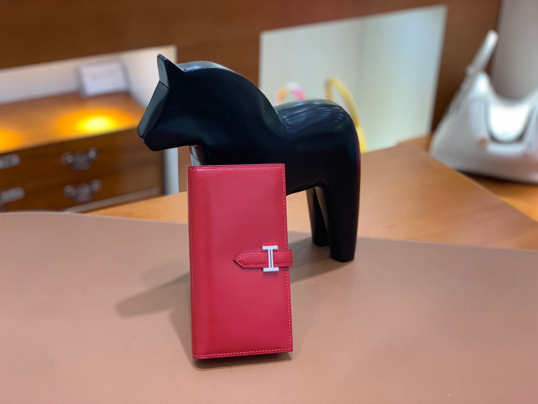 爱马仕 Hermes Bearn 西装夹 钱包 BOX皮  国旗红 银扣