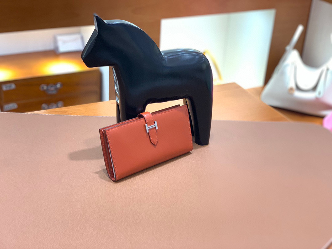 爱马仕 Hermes Bearn 西装夹 钱包 BOX皮  古铜色 银扣