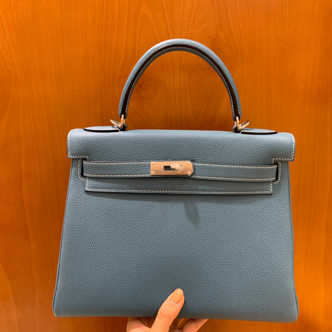 Hermes 爱马仕 Kelly 凯莉包 28CM Togo皮 牛仔蓝 银扣 全手工