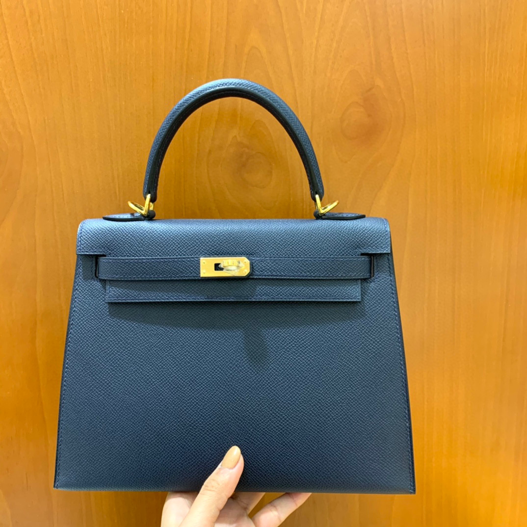 Hermes 爱马仕 Kelly 凯莉包 25CM Epsom皮  午夜蓝 金扣 全手工