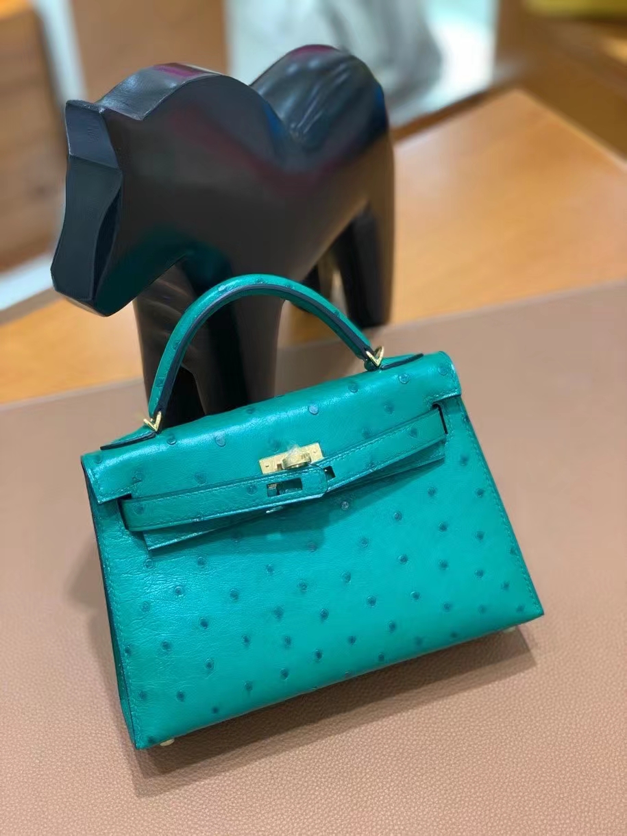 Hermès（爱马仕）鸵鸟 U4丝绒绿 minikelly 19cm 金扣 现货