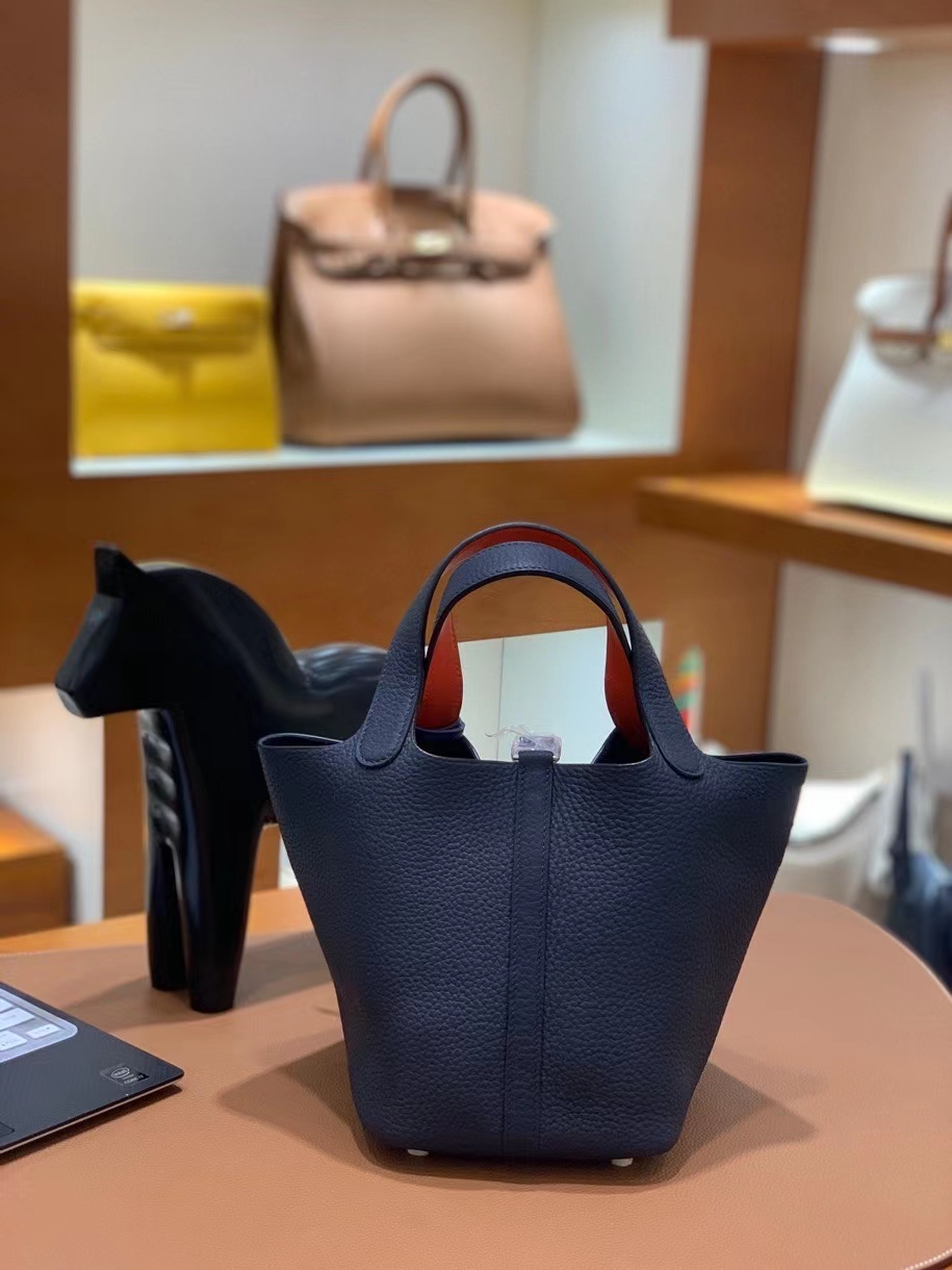 Hermès（爱马仕）Picotin 菜篮子 swift 拼 TC皮 午夜蓝 拼 罂粟橘 18cm 银扣 现货