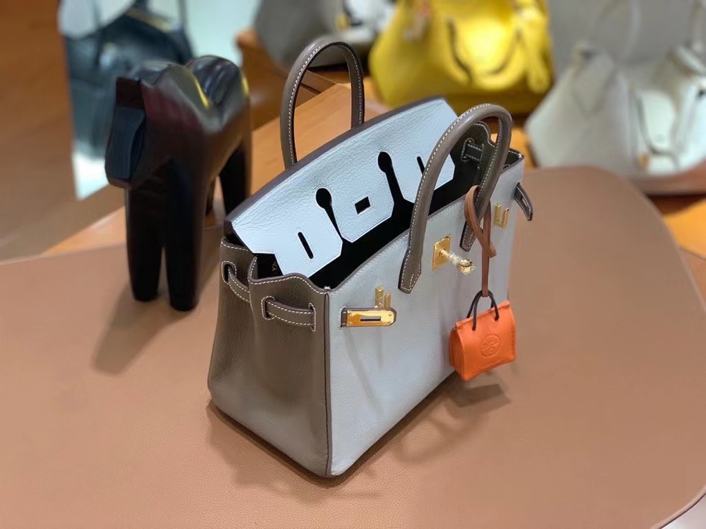 Hermès（爱马仕）Birkin 铂金包 山羊皮 大象灰 拼 珍珠灰 金扣 25cm