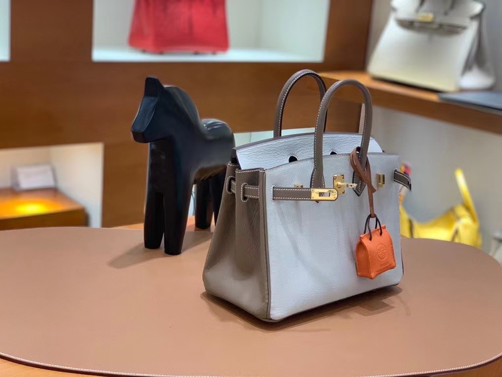 Hermès（爱马仕）Birkin 铂金包 山羊皮 大象灰 拼 珍珠灰 金扣 25cm
