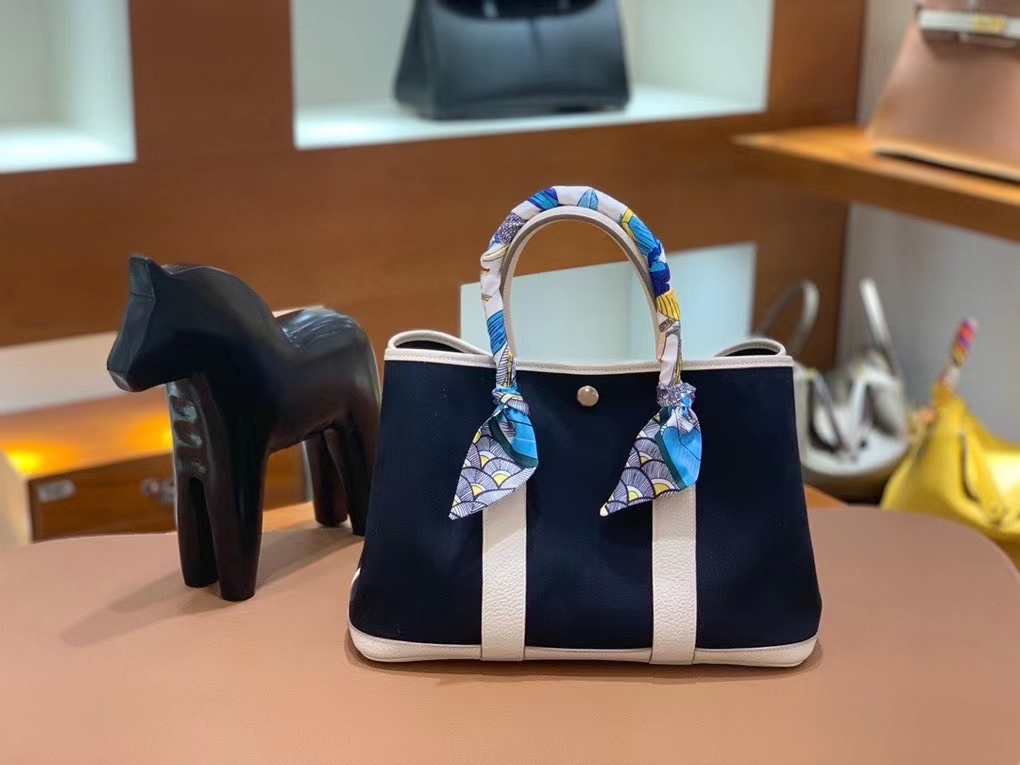 Hermès（爱马仕）Garden Party 花园包 TC拼帆布 奶昔白拼黑色 30cm 银扣