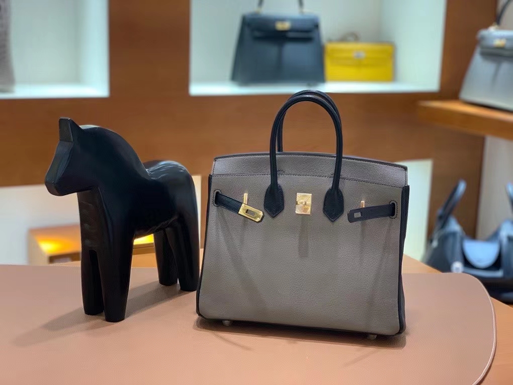 Hermès（爱马仕）Birkin 铂金包 山羊皮 大象灰拼黑色 金扣 25cm