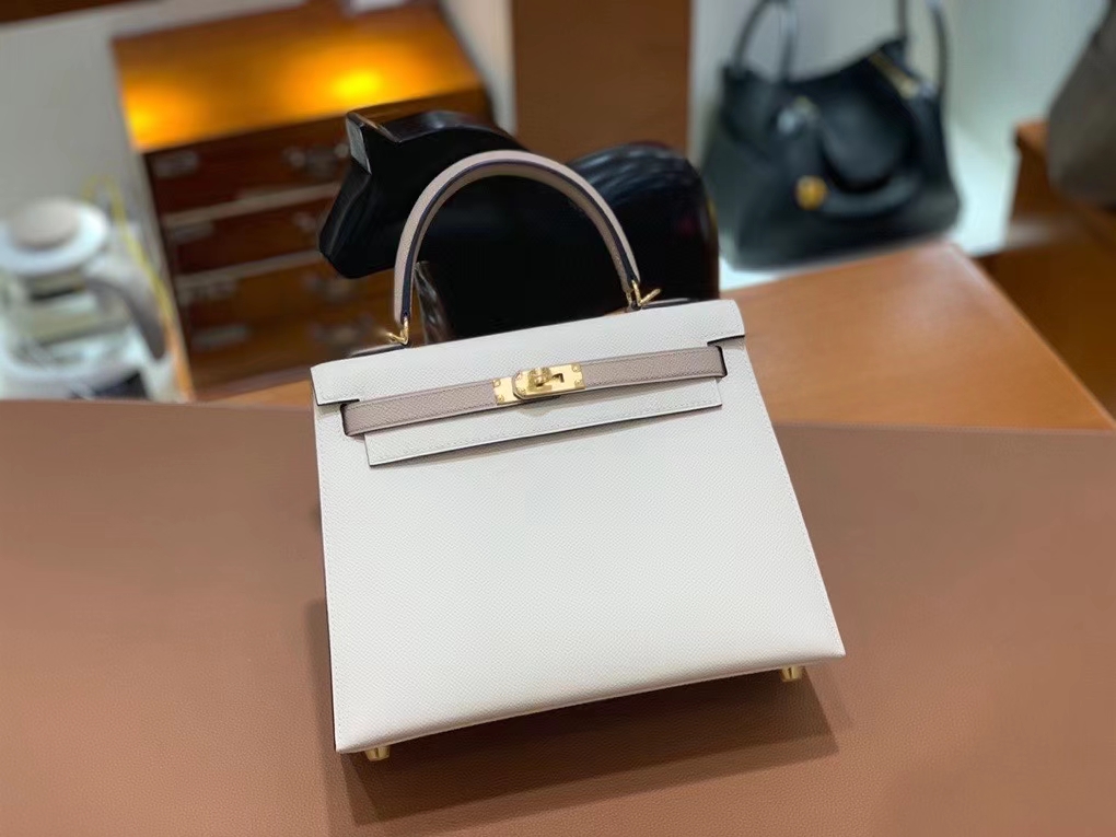 Hermès（爱马仕）Kelly 凯莉包 Epsom 奶昔白拼斑鸠灰 金扣 25cm