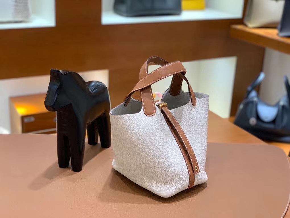 Hermès（爱马仕）Picotin 菜篮子 swift 拼 TC 金棕色 拼 奶昔白 18cm 金扣 现货