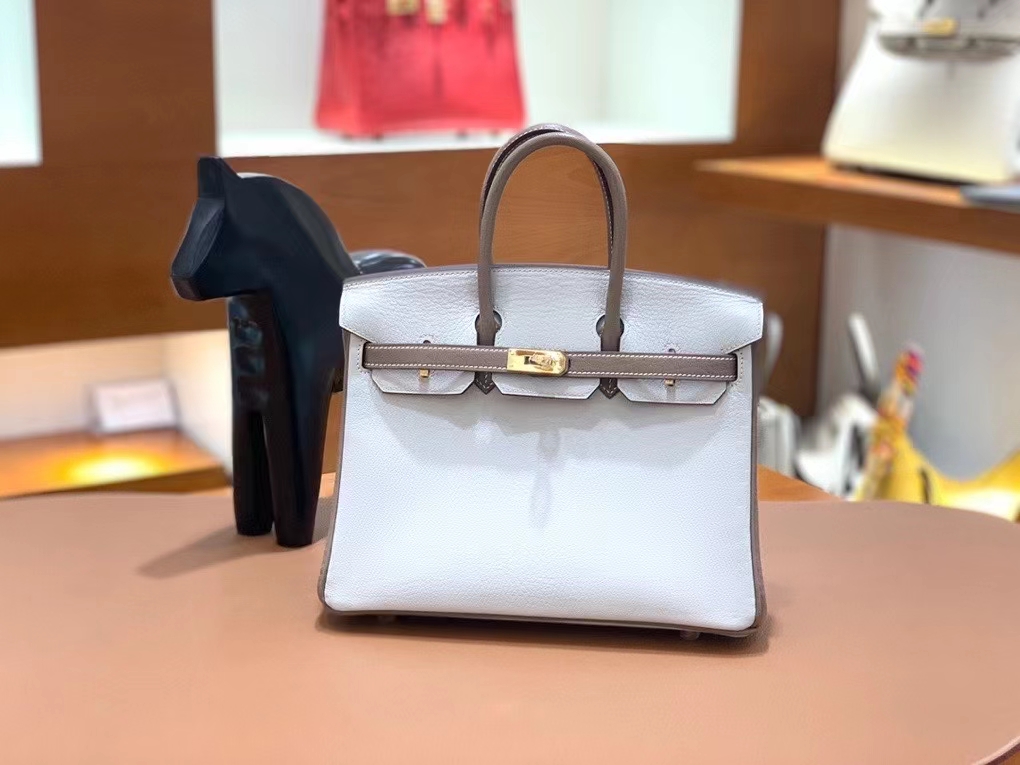 Hermès（爱马仕）Birkin 铂金包 山羊皮 大象灰 拼 珍珠灰 金扣 25cm