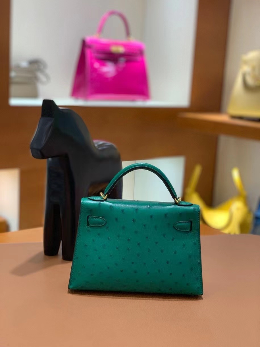 Hermès（爱马仕）鸵鸟 U4丝绒绿 minikelly 19cm 金扣 现货