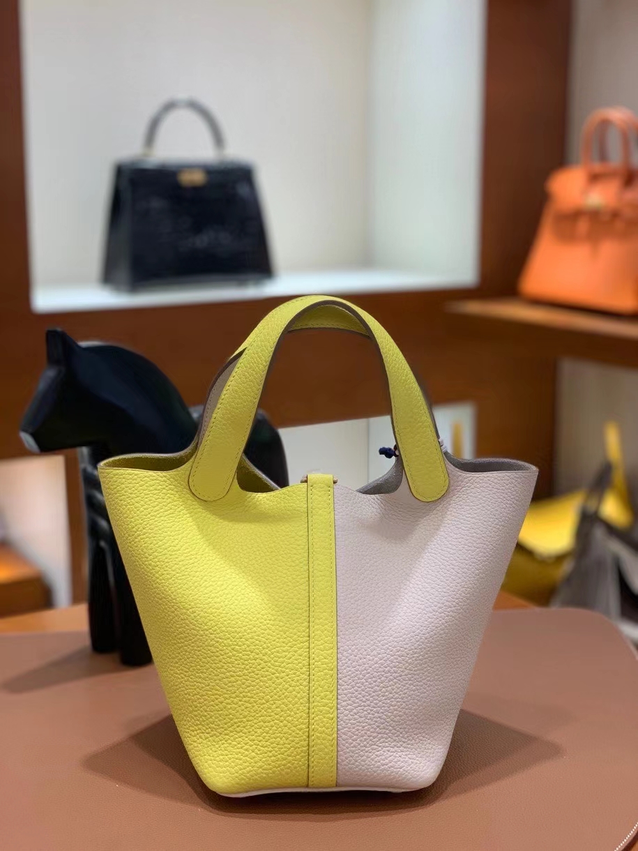 Hermès（爱马仕）Picotin 菜篮子 TC皮 奶昔白 拼 柠檬黄 18cm 金扣