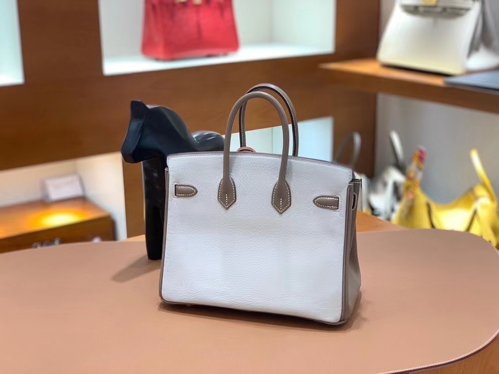Hermès（爱马仕）Birkin 铂金包 山羊皮 大象灰 拼 珍珠灰 金扣 25cm