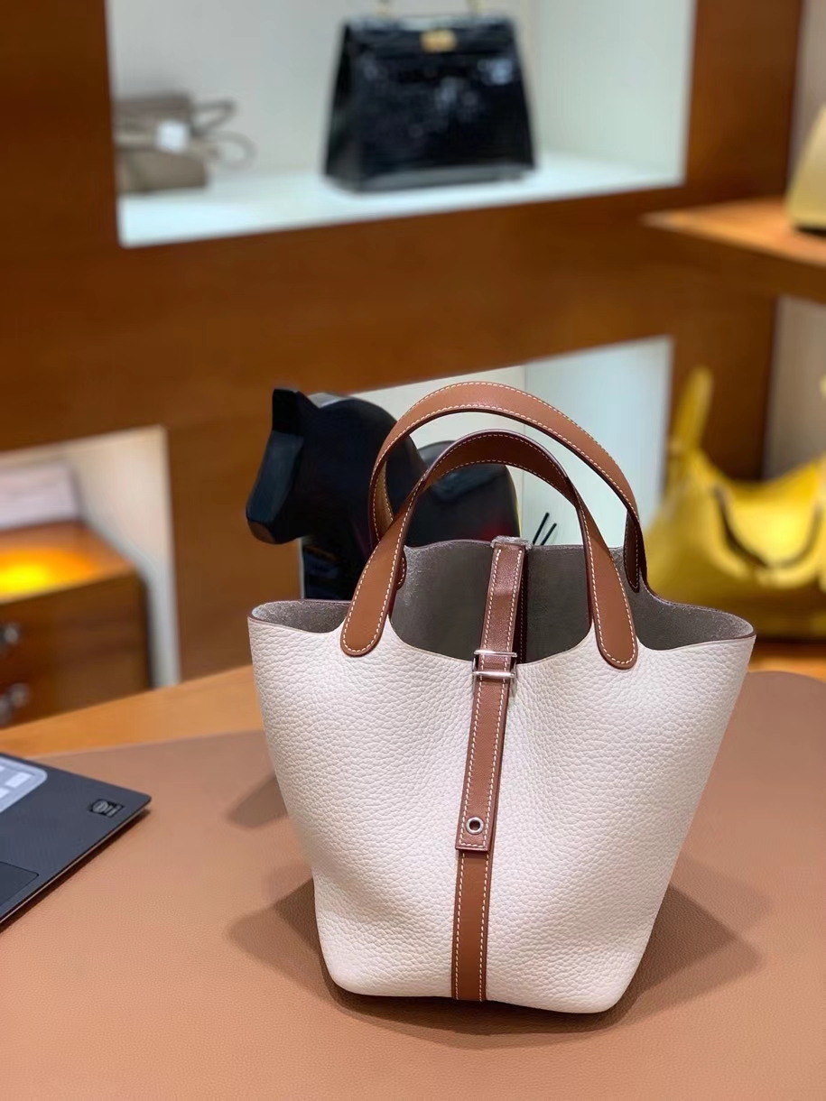 Hermès（爱马仕）Picotin 菜篮子 swift 拼 TC 金棕色 拼 奶昔白 18cm 银扣 现货