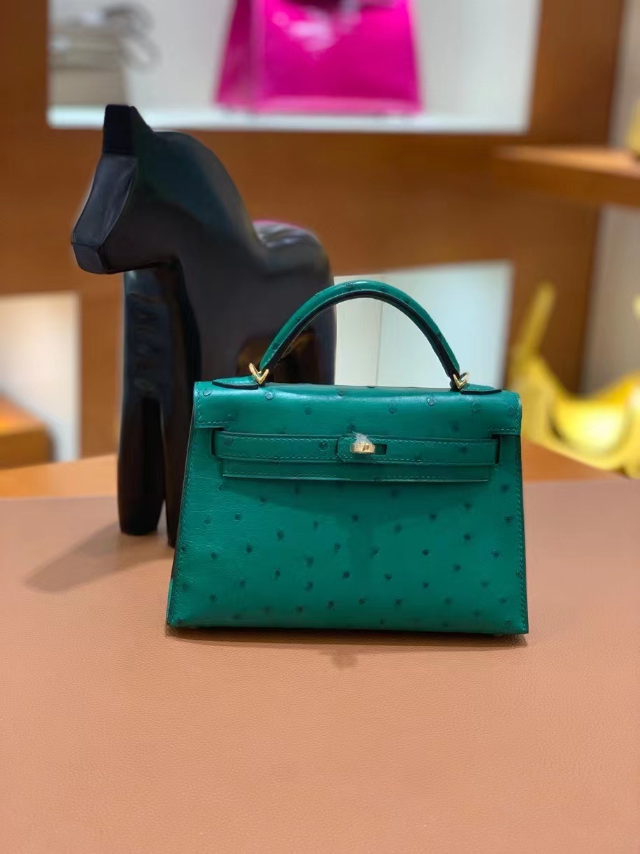 Hermès（爱马仕）鸵鸟 U4丝绒绿 minikelly 19cm 金扣 现货