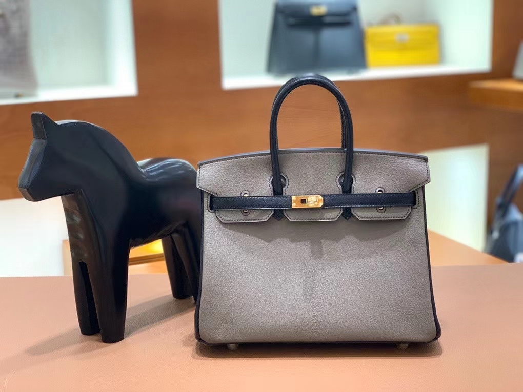 Hermès（爱马仕）Birkin 铂金包 山羊皮 大象灰拼黑色 金扣 25cm
