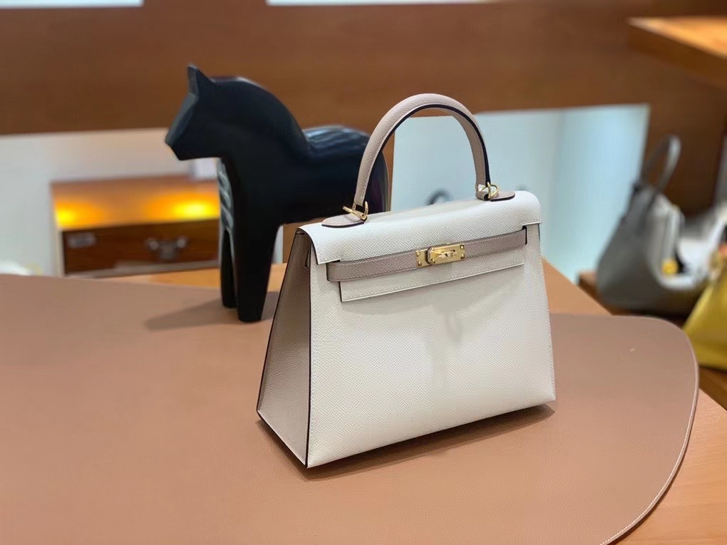 Hermès（爱马仕）Kelly 凯莉包 Epsom 奶昔白拼斑鸠灰 金扣 25cm