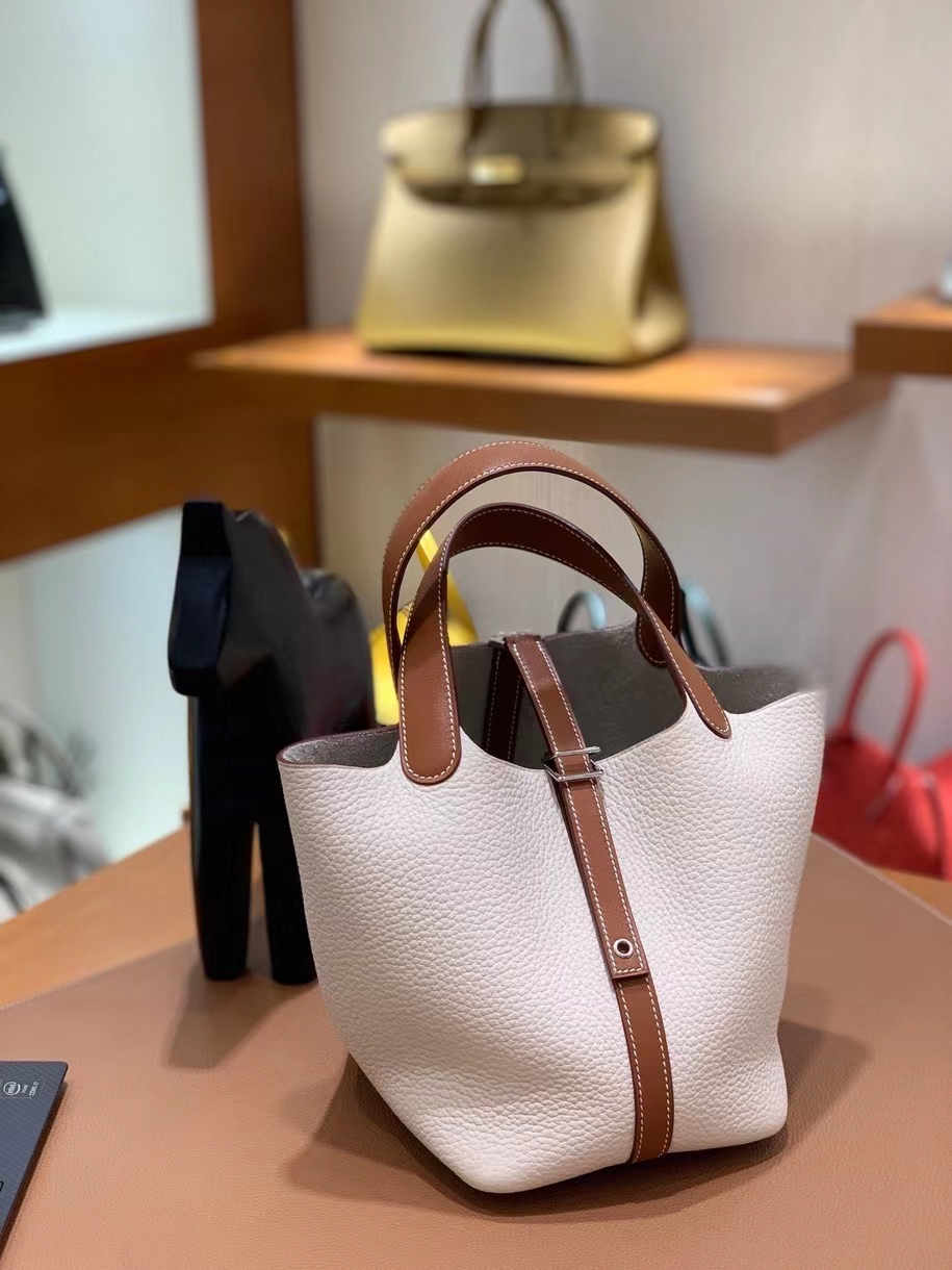 Hermès（爱马仕）Picotin 菜篮子 swift 拼 TC 金棕色 拼 奶昔白 18cm 银扣 现货