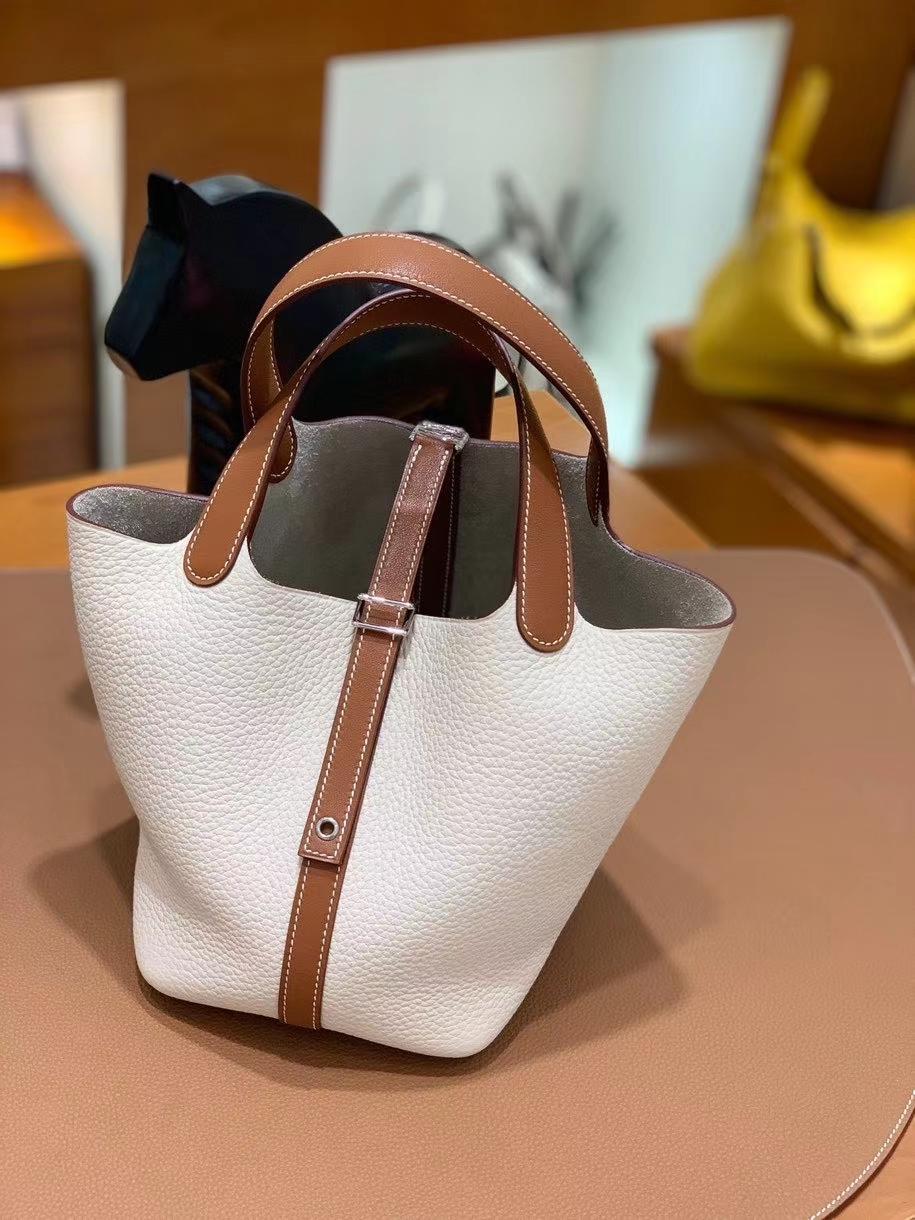 Hermès（爱马仕）Picotin 菜篮子 swift 拼 TC 金棕色 拼 奶昔白 18cm 银扣 现货