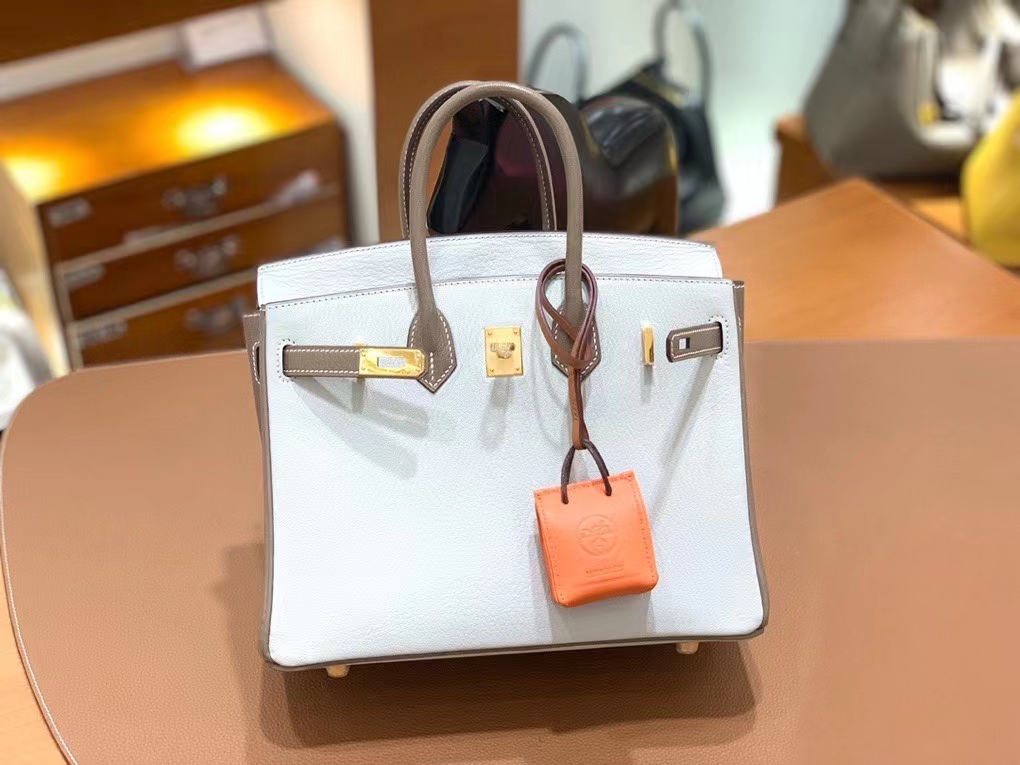 Hermès（爱马仕）Birkin 铂金包 山羊皮 大象灰 拼 珍珠灰 金扣 25cm