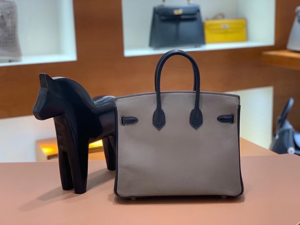Hermès（爱马仕）Birkin 铂金包 山羊皮 大象灰拼黑色 金扣 25cm