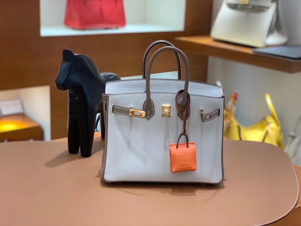 Hermès（爱马仕）Birkin 铂金包 山羊皮 大象灰 拼 珍珠灰 金扣 25cm